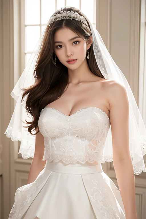 highest quality、4K、Beautiful lady、Perfect Face、Perfect Style、perfect body、Sunburn、beautiful lady、mature、long curly layer brown hair、Swept-back hair、full body, sexy 、charming、healthy、
BREAK (white theme:1.5), (pure white elegant wedding dress:1.3), (sheer white wedding veil on head:1.4), (strapless white courselet with bold plunge:1.4), ((sleeveless, collarbone, upperboobs):1.3), ((full-length hoop skirt, crinoline, fabric of skirt covers entire leg):1.3), (tulle lace on skirt:1.3), (beautiful intricate floral lace embroidery:1.3), (white bridal shoes:1.2),