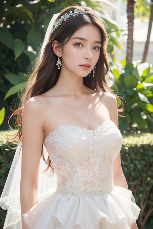 highest quality、4K、Beautiful lady、Perfect Face、Perfect Style、perfect body、Sunburn、beautiful lady、mature、long curly layer brown hair、Swept-back hair、full body, sexy 、charming、healthy、
BREAK (white theme:1.5), (pure white elegant wedding dress:1.3), (sheer white wedding veil on head:1.4), (strapless white courselet with bold plunge:1.4), ((sleeveless, collarbone, upperboobs):1.3), ((full-length hoop skirt, crinoline, fabric of skirt covers entire leg):1.3), (tulle lace on skirt:1.3), (beautiful intricate floral lace embroidery:1.3), (white bridal shoes:1.2),