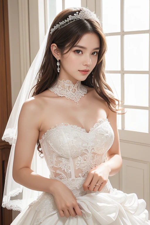 highest quality、4K、Beautiful lady、Perfect Face、Perfect Style、perfect body、Sunburn、beautiful lady、mature、long curly layer brown hair、Swept-back hair、full body,  、charming、healthy、
BREAK (white theme:1.5), (pure white elegant wedding dress:1.3), (sheer white wedding veil on head:1.4), (strapless white courselet with bold plunge:1.4), ((sleeveless, collarbone, upperboobs):1.3), ((full-length hoop skirt, crinoline, fabric of skirt covers entire leg):1.3), (tulle lace on skirt:1.3), (beautiful intricate floral lace embroidery:1.3), (white bridal shoes:1.2),

