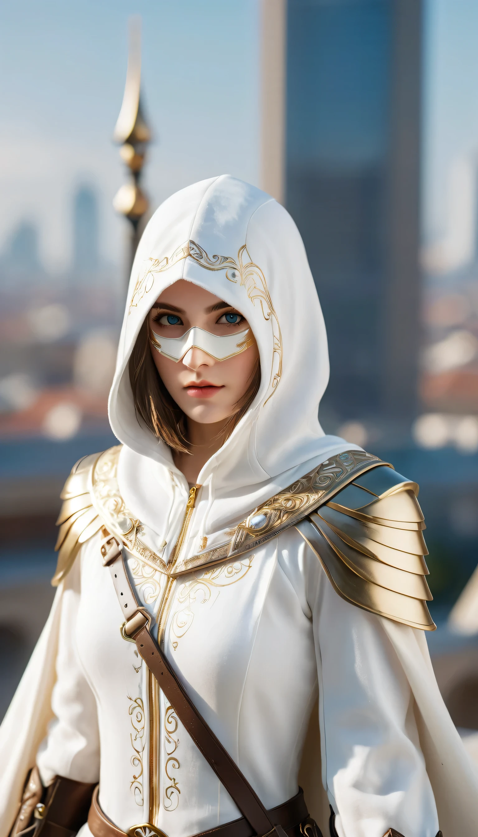 A full-body shot of Princess Zelda, brown hair, blue eyes, dressed as an Assassin from Assassins Creed, in white+gold witha white mask and hood with gold details, XL bust, using a wrist blade. Background: A city during the renaissance period. Unreal Engine 5, Anime, Anime style, Masterpiece, Well drawn eyes, well drawn face, well detailed eyes, well detailed face, 8k, light and shadow effect.  