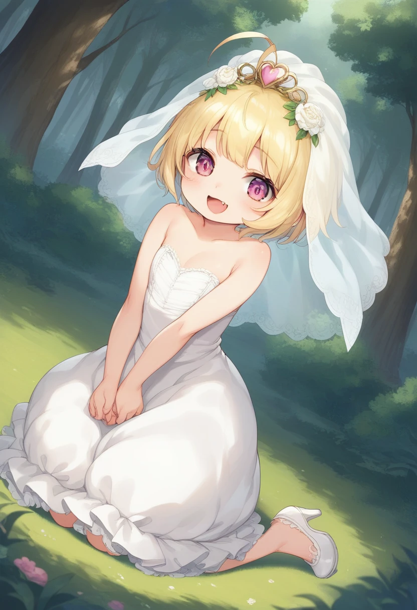 score_9, score_7_up, score_6_up, source_cartoon, source_anime,1girl,breathtalking Scenery,smooth soft skin, natural skin,
BREAK
(little female child:1.8), (loli:1.8), 4 years old,(loli toddler:1.2),(preschooler:1.1),(infant:1.1),flat chest,baby face,oily skin, ultra cute face, happy smile,beautiful eyes, detailed eyes
BREAK
(short blond hair:1.6) messy hair,(fang:1.1), (pink eyes:1.1), puffy eyes, antenna hair,double tooth,(blond hair:1.1),
BREAK
(empire-Line wedding dress:1.1),(silk veil:1.3),high heel,silk cape,incoming hug,open arms for viewer,　
BREAK
In a secluded setting, surrounded by a dense forest, the bog lay hidden like a secret gem, its misty surface whispering tales of ancient times,dynamicangle,dynamicpose,action,