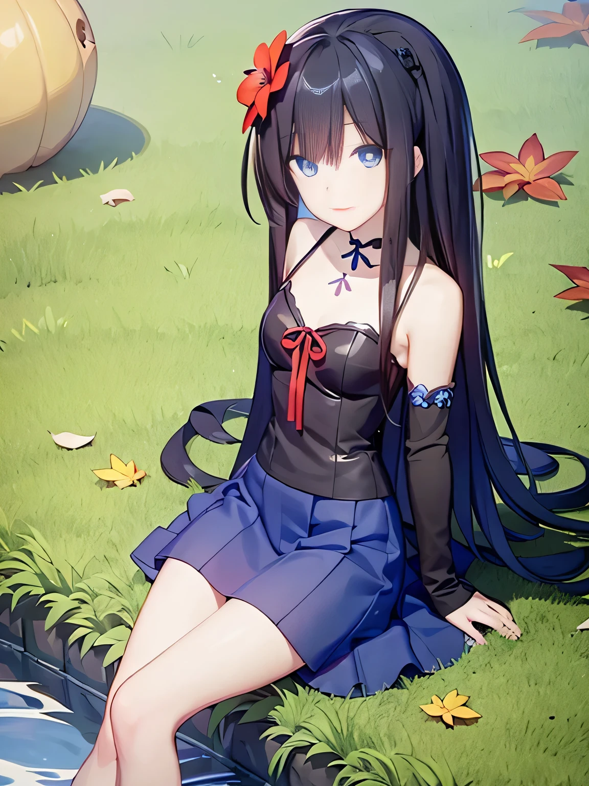 Anime Girl, Black Hair, 茶flower, 樱flower, ball, Long hair, lie, sit, blue eyes, 落flower, flower, Looking at the audience, outdoor, grass ground ,Medium sized breasts, flat chest, Short skirt, clothing, Beautiful legs,,autumn, ground