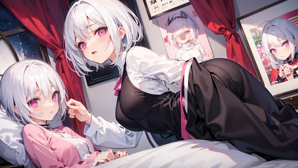 White Hair Girl、Pink Eyes、Short Hair、Only one girl、Night、In the bedroom、Blushing、laughing、Excited、Just One