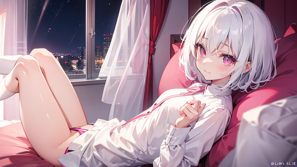 White Hair Girl、Pink Eyes、Short Hair、Only one girl、Night、In the bedroom、Blushing、laughing、Excited、Just One