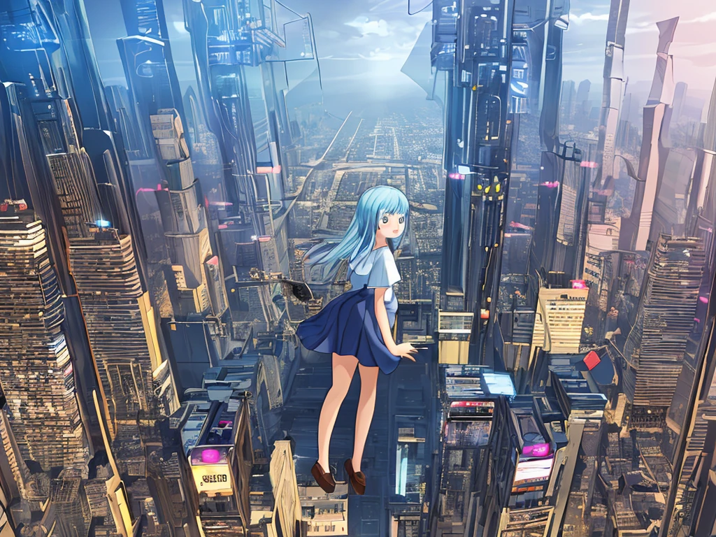 (masterpiece:1.2), best quality, highres, original, (extremely detailed:1.2), ultra-detailed, wallpaper, perfect lighting,(extremely detailed CG:1.2), 8k, anime illustration, 1boy, cross-dressing, long hair, light-blue hair, (cyberpunk fashion, short-sleeved T-shirt, knee-length skirt, lace hemline, delicate clothes:1.2), flying a high-tech aircraft, futuristic city background, sci-fi city, (anatomically correct: 1.3)