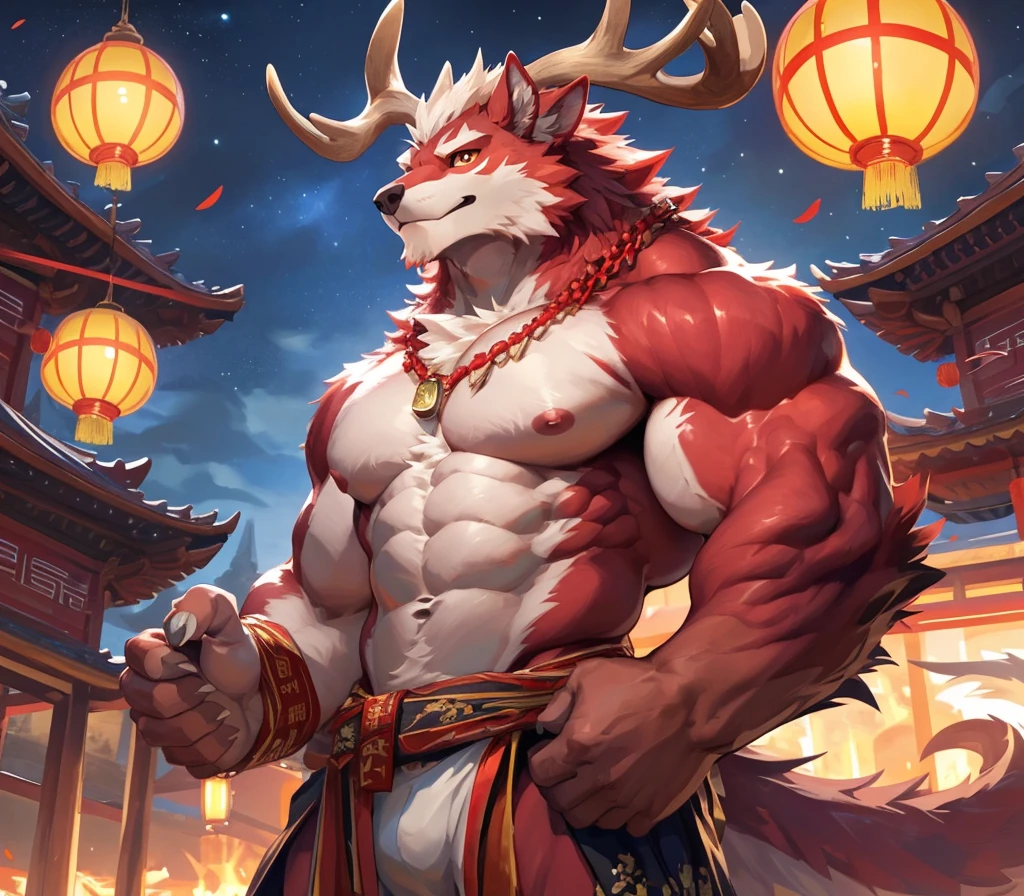 absurdres, ((best quality)), ((masterpiece)), (ultra detailed), perfect face,antro baize:2.5, male , ((deep-crimson fur)), (strong beefy muscular body), (abs, strongmuscles, 8 pack), furry, handsome,Beautiful and delicate eyes, (ultra detailed eyes, yellow color eyes, sharp eyes), mid-autumn festival, night, traditional, detailed scene,full body, (traditional chinese attire), hanfu, shirtless, topless, pink nipples, (by null-ghost, by pino daeni), (full body), wearing random pattern necklace, claws, ((fluffy fur, fluffy, furry body)),(qilin, with antler), majestic, wind blowing, ((white belly), ((long tail)), big fellow, muscular male