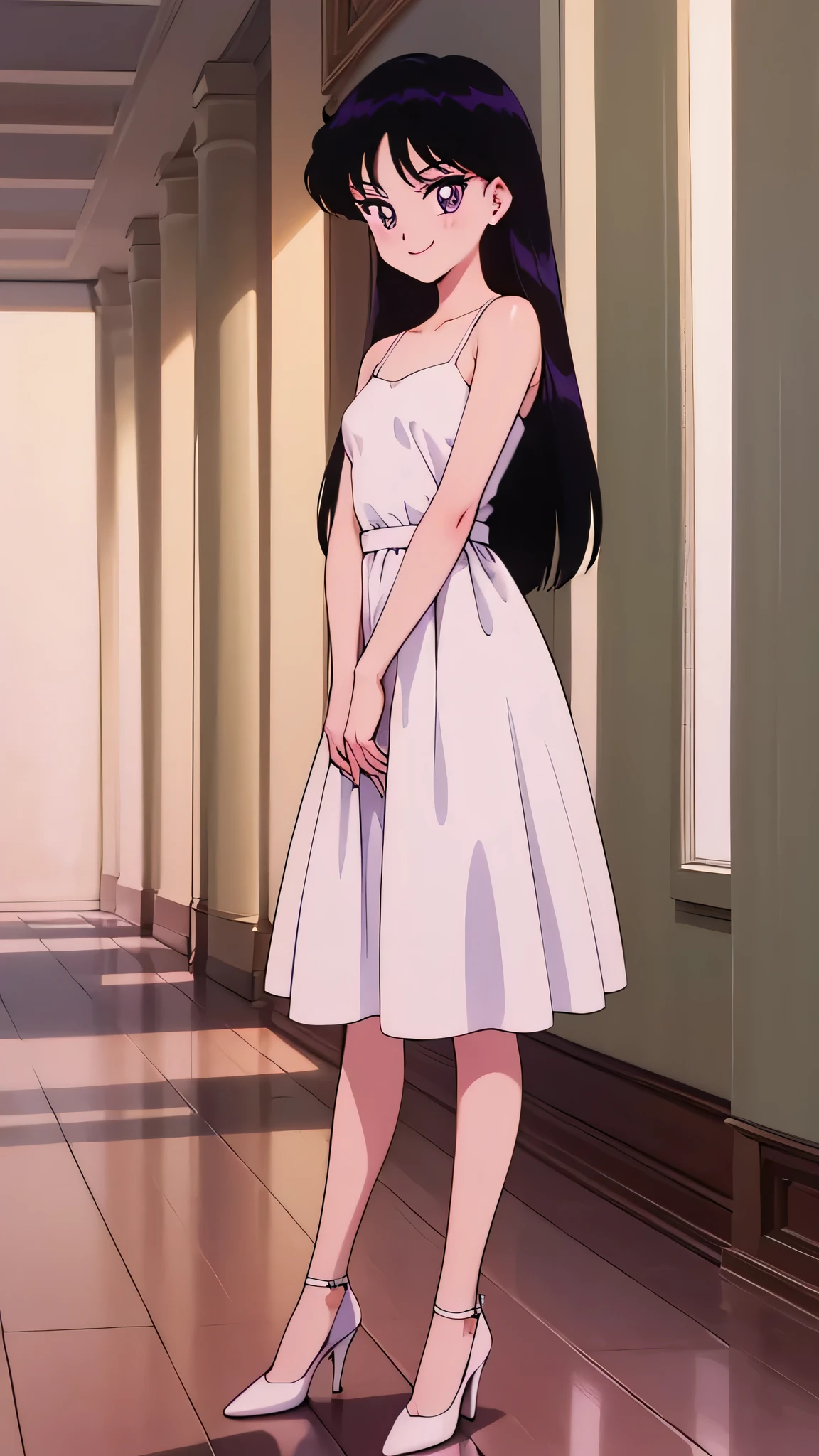 1 girl, solo, Rei Hino, Long Black Hair, Purple eyes, bare shoulders, a very short and tight white dress, low-cut dress, small breast, smile, ballroom, columns, cowboy shot, facing viewer, absurdres, ultra detailed, masterpiece, best quality, Teenager, window of a purple sundown, white high heels