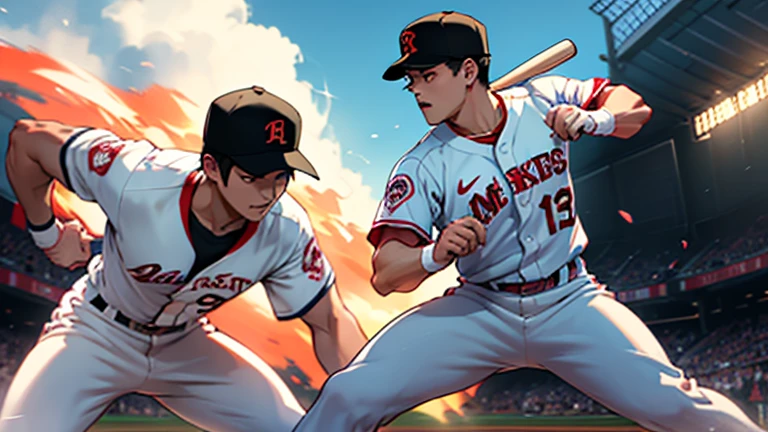 
“Create a realistic image of Shohei Ohtani and Takefusa Kubo facing off in a baseball game. Shohei Ohtani should be depicted on the pitcher’s mound, wearing a professional baseball uniform, mid-pitch with intense focus. Takefusa Kubo should be in the batter’s box, also in a professional baseball uniform, positioned as a left-handed batter ready to swing at the pitch. The background should feature a lively baseball stadium filled with cheering fans, capturing the excitement and tension of the moment. Emphasize the athleticism and competitive spirit of both players as they face each other.”