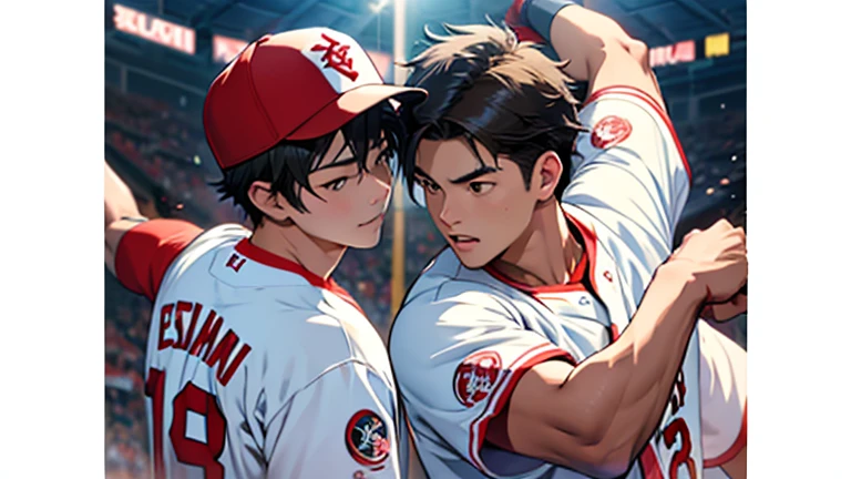 
“Create a realistic image of Shohei Ohtani and Takefusa Kubo facing off in a baseball game. Shohei Ohtani should be depicted on the pitcher’s mound, wearing a professional baseball uniform, mid-pitch with intense focus. Takefusa Kubo should be in the batter’s box, also in a professional baseball uniform, positioned as a left-handed batter ready to swing at the pitch. The background should feature a lively baseball stadium filled with cheering fans, capturing the excitement and tension of the moment. Emphasize the athleticism and competitive spirit of both players as they face each other.”