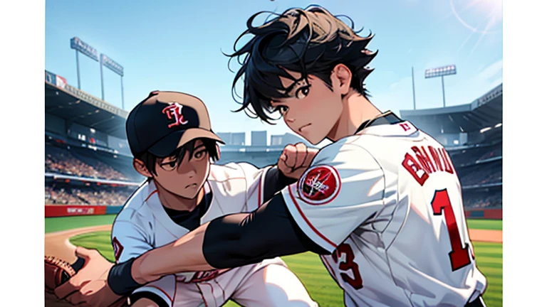 
“Create a realistic image of Shohei Ohtani and Takefusa Kubo facing off in a baseball game. Shohei Ohtani should be depicted on the pitcher’s mound, wearing a professional baseball uniform, mid-pitch with intense focus. Takefusa Kubo should be in the batter’s box, also in a professional baseball uniform, positioned as a left-handed batter ready to swing at the pitch. The background should feature a lively baseball stadium filled with cheering fans, capturing the excitement and tension of the moment. Emphasize the athleticism and competitive spirit of both players as they face each other.”