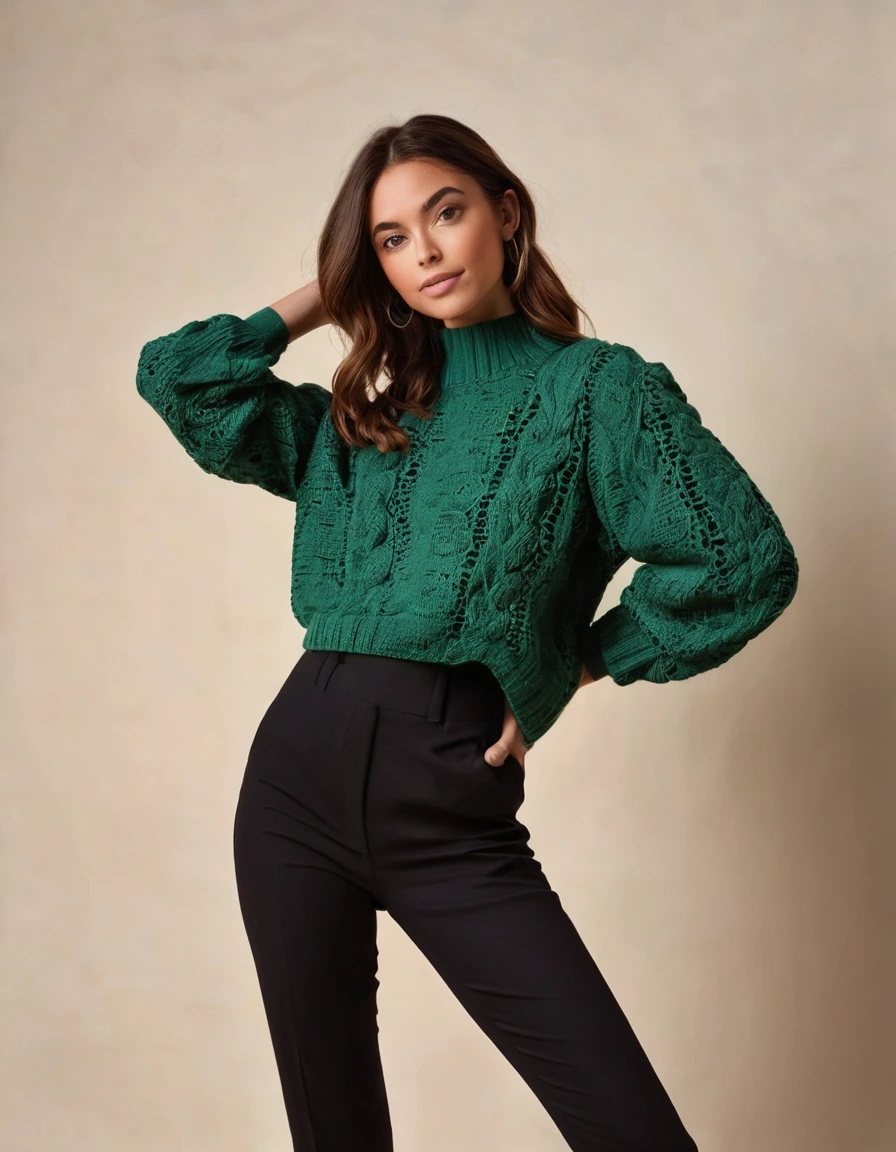 The image captures a young woman in a candid moment, perhaps caught while she was in the middle of a casual activity. Her expression is serene and slightly inquisitive, as if she's just been interrupted mid-thought. She has long, dark hair that cascades down her shoulders, framing her face softly. She is wearing a knitted olive-green top, which is slightly sheer, adding an element of casual elegance to her look. The top is detailed with a pattern of intricate stitches that create a textured effect, making the garment appear both delicate and stylish. It is paired with a short, fitted skirt that features a bold, mixed pattern of earthy tones and abstract designs, giving her outfit a touch of bohemian flair. The skirt’s design adds a dynamic contrast to the more subdued top, creating a balanced and visually appealing ensemble.
In her left hand, she holds a wicker basket, which suggests she might be engaged in a domestic activity such as shopping or organizing, adding a layer of everyday realism to the scene. The basket itself evokes a sense of simplicity and practicality, contrasting with her modern attire. Her posture is relaxed, with her right hand raised to her hair, perhaps in the act of tucking a loose strand behind her ear, which adds to the natural and unposed quality of the photograph. The background is softly lit and features smooth, white walls with gentle curves and archways, suggesting a minimalist and perhaps slightly modern interior space. This setting enhances the focus on her figure while also contributing to the overall calm and serene atmosphere of the image.
The lighting is soft and diffused, casting a gentle glow on her skin and highlighting the textures and colors of her outfit. This soft lighting, combined with the neutral background, creates a harmonious and aesthetically pleasing composition that draws attention to her and her expressive, thoughtful demeanor. The overall mood of the image is one of quiet introspection and understated elegan