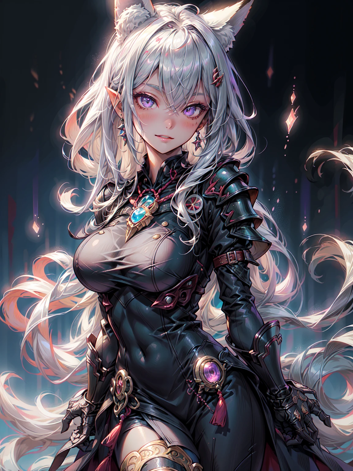 鎧を着たDark Elf, Standing on a green hill, Against the backdrop of a clear sky, Very cute fox lace face, 1 Girl, インスン・リーのdetailedな顔と目, Perfect Lips, Very beautiful and feminine, Big Breasts, Gray Hair, Asymmetrical bangs, Long Hair, Purple eyes, Shining Eyes, Fluffy Nine Tails, Fluffy fox ears, Humans without ears, Medieval female knights, Wearing black and teal dress armor, full silver, Complex graphic gauntlets, Intricate details, ((Ultra-Realistic Details)), Global Illumination, Shadow, Character edge light, dramatic, Cinema Lighting, detailedな表現, The finer details, masterpiece, Digital Art:Yusuke Murata.break、(Dark Elf), (1 Girl), alone, Perfect Face, detailed, Ahoge, ((Long Hair:1.2)), (Hair above one eye:1.3), [[Messy Hair]], Shiny blonde white hair, Purple eyes, Variegated eyes, Colorful Hair, Shining Eyes, (eyelash, eye shadow, pink eye shadow), bright, smile, Design Art：Haruhiko Mikimoto, by Kawashi, By Yoshitaka Amano, 