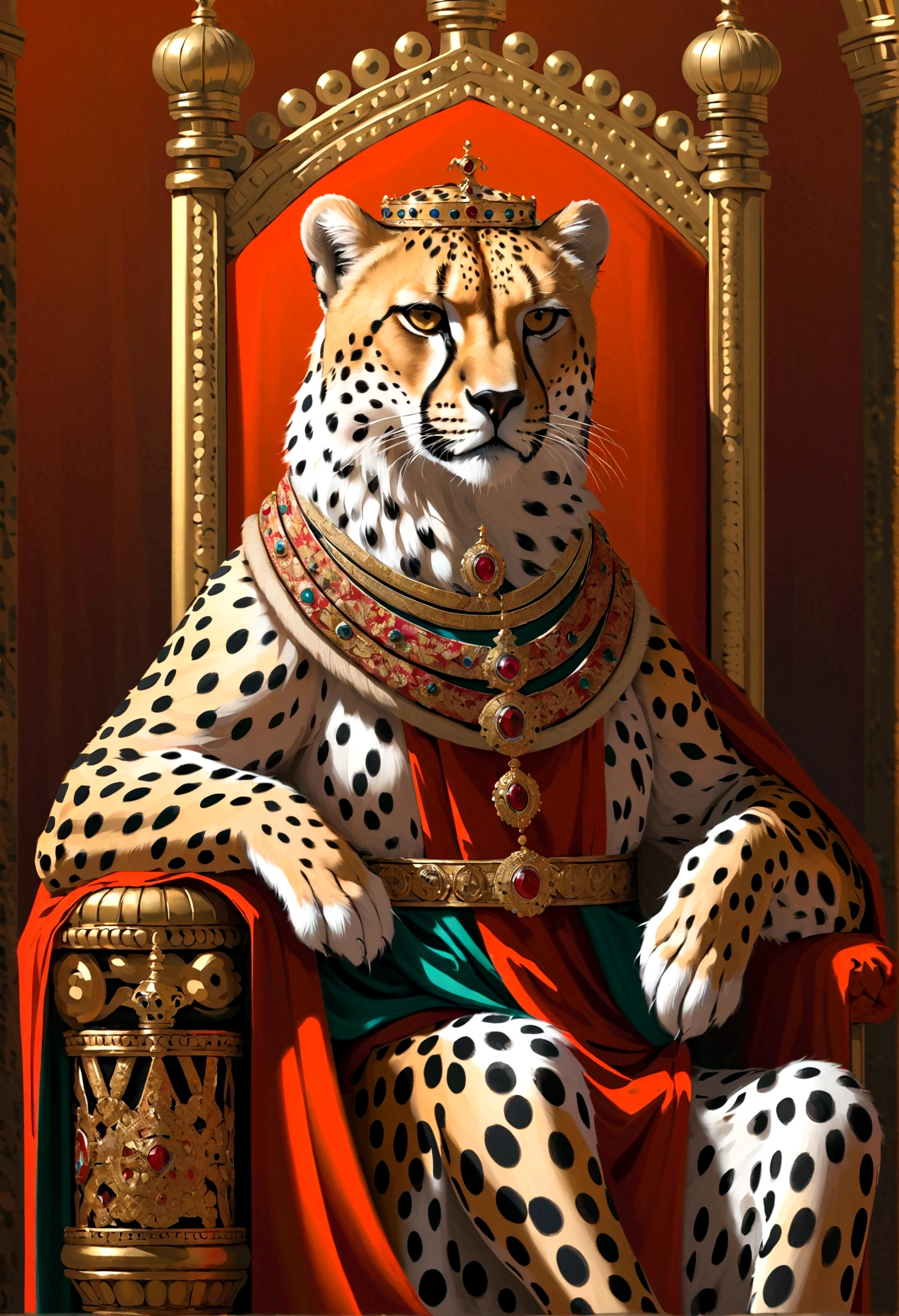 (masterpiece), Cheetah Emperor, crown, robe, Sitting on the throne, Serious expression, 8K, Intricate details
