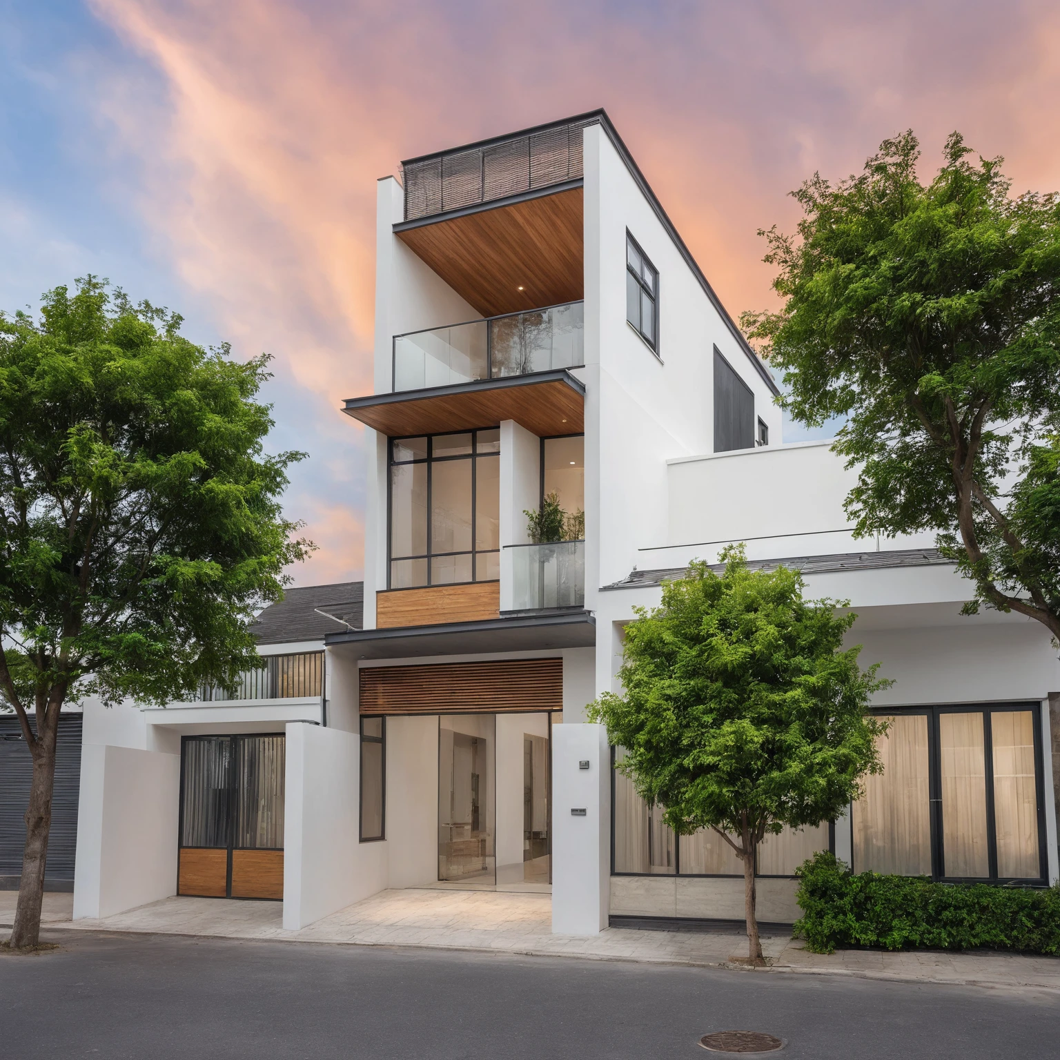 Masterpiece, high quality, best quality, authentic, super detail, outdoors, house style modern, bietthuhn, white wall, glass windows, gate road, pavement, grass, trees, Beautiful_sky, SUNSET, (day:1.1), realistic lighting