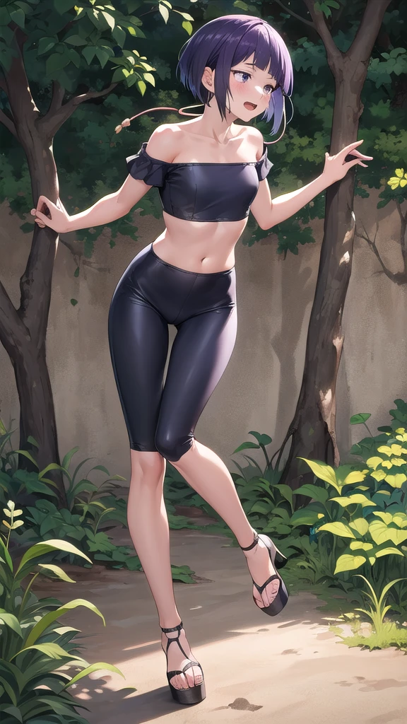 kyoka jiro, 1girl, solo, breasts, blush, short hair, bangs, simple forest background, strapless small croptop, black spandex, open-toe platform high heels, open mouth, purple eyes, collarbone, full body, purple hair, short sleeves, blunt bangs, looking away, long earlobes, tiny waist