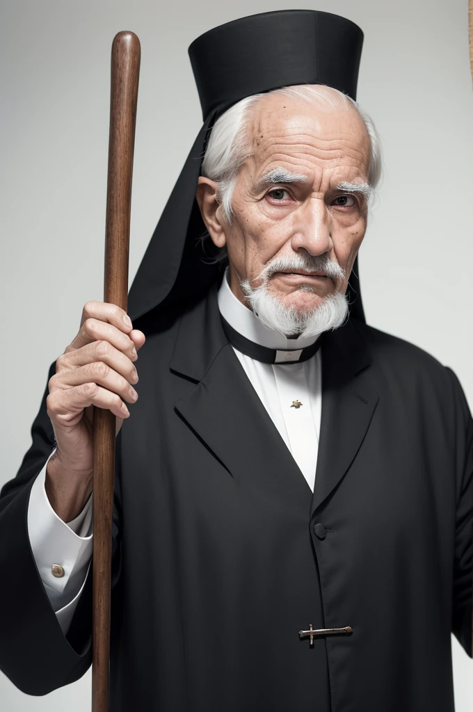 Ultra realistic image of Father Cícero do Juazeiro, he is an elderly man of about 82 years old, smooth face, he has no mustache, no beard, his hair is white and he is wearing a black cassock, holding a black hat over his head and a cane wooden in hand on white background 4k