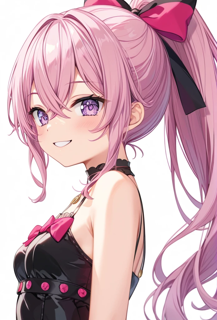 (((masterpiece)))(((Highest quality)))(((8K)))(((4K)))、10 years old、Stvoluminous ponytail(Pink Hair)Pink high ponytail、Ribbon on head、Crossed bangs、Light purple eyes、Squint your eyes、((Smile with your mouth closed))、(((Cute Mini Dresses)))、Small breasts, from behind、turn around、Upper Body、Anime Style