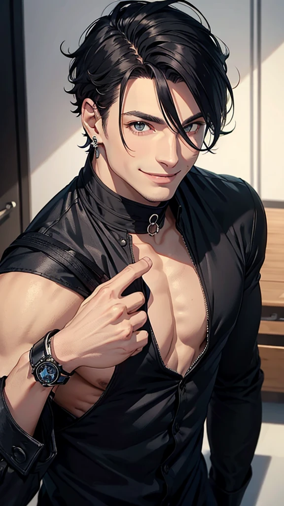 naughty man, in black clothes. Wearing earrings and smiling . selfe. naughty man de cabelo curto.
