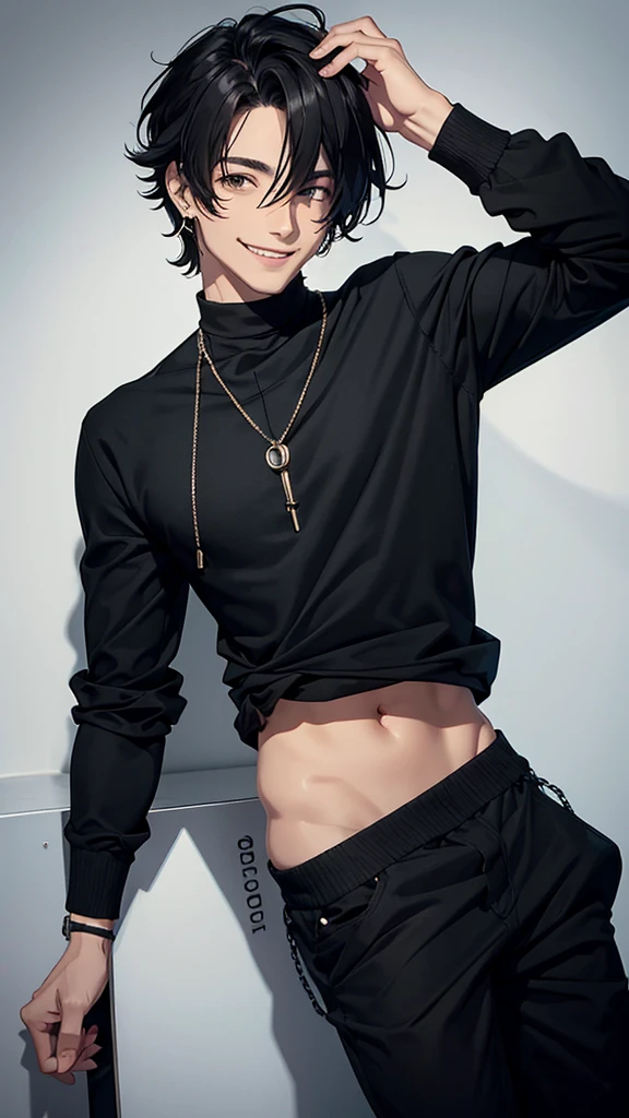 naughty man, in black clothes. Wearing earrings and smiling . selfe. naughty man de cabelo curto.