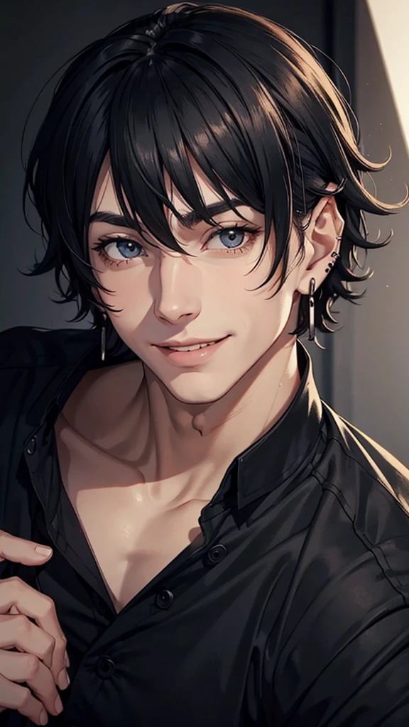 naughty man, in black clothes. Wearing earrings and smiling . selfe. naughty man de cabelo curto.