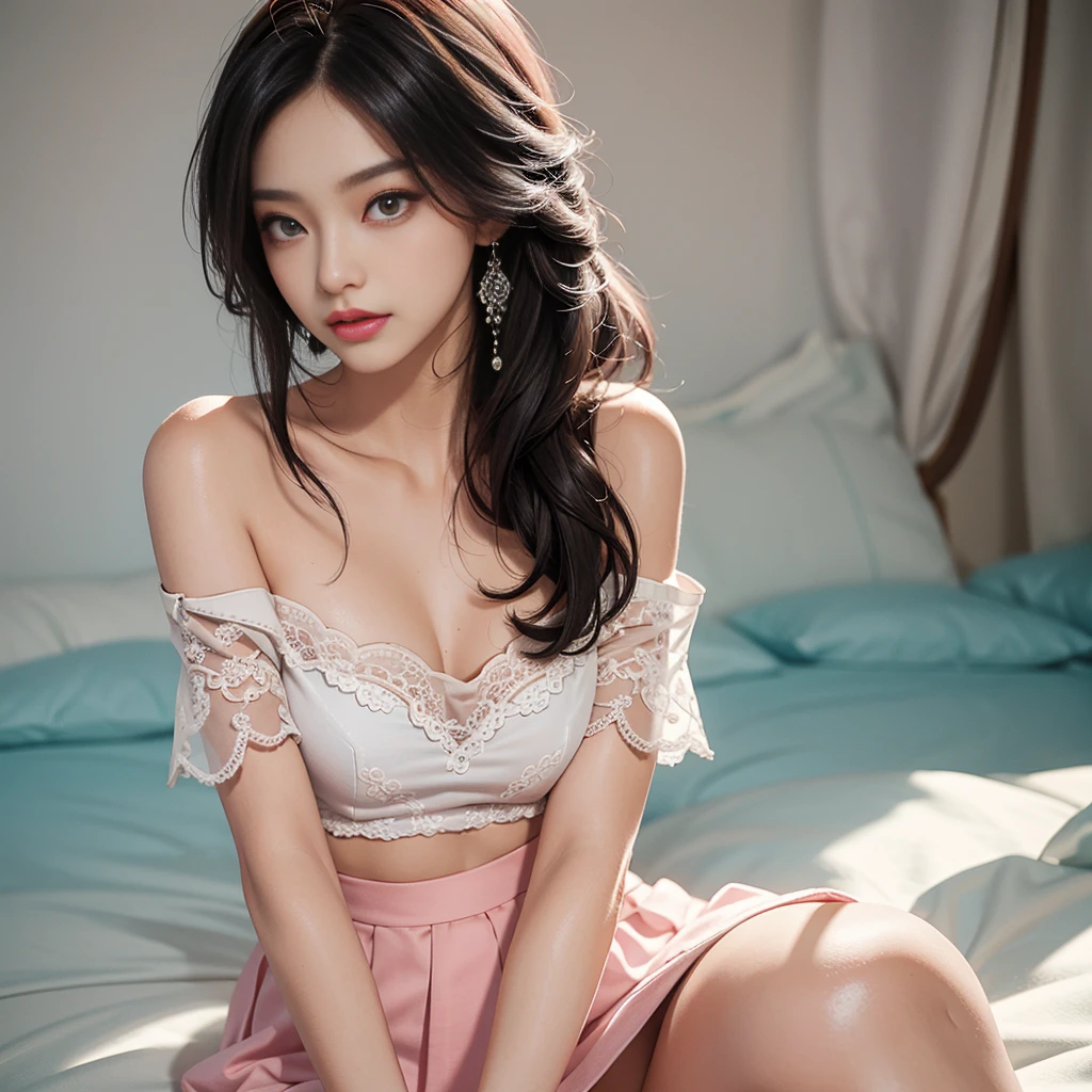 (NSFW), A Stunning and Attractive Woman in Trendy Fashion, Chinese Beauty with a Gentle Allure, Delicate and Seductive Collarbone, Oval Face Radiating Attractiveness, Double Eyelids, Vibrant Pink Eyes, Pink Lips Softly Defining Her Smile, Small Nose Adding to Her Charm, Bare Shoulders Showcasing a Sculpted Neckline, Focused on the Face, Intimate Close-up, Ultra-High Resolution, Extremely Detailed, The White Off-the-Shoulder Blouse Harmonizes Perfectly with the Light Blue High-Slit Skirt,