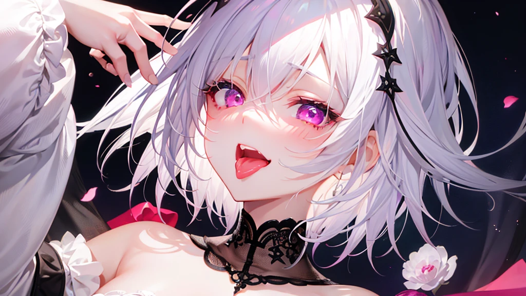 White Hair、Pink Eyes、Short Hair、laughing、Only one girl、alone、Cute、Face is close、Night、laughing、At the bed、Blushing、Erotic、Stick your tongue out、Sweating、Excited