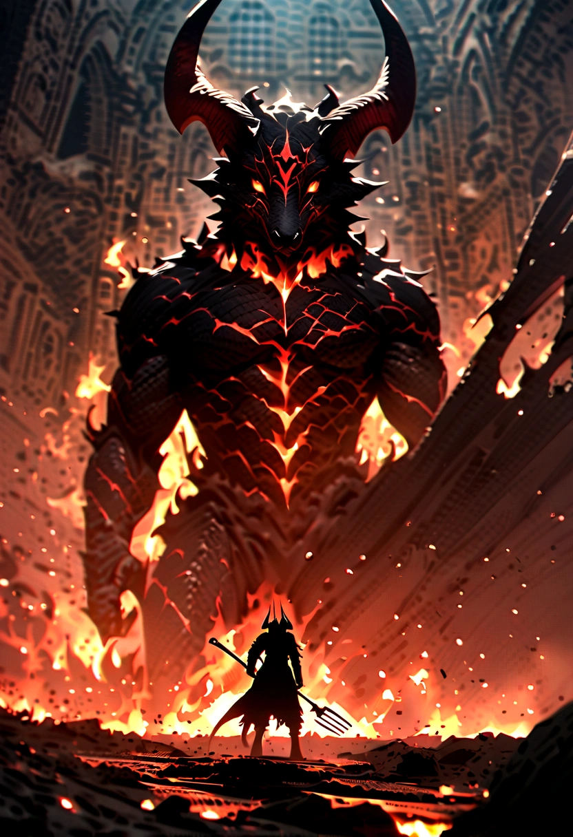 A captivating illustration of a devilish creature with horns, a furry body, and hooves. He stands tall in the fiery depths of Hell, within the temple of Satan. The background showcases an inferno of flames, with lava flows and twisted, tormented souls. The devil wields a pitchfork menacingly, casting an ominous shadow over the scene. The overall atmosphere is dark and foreboding, evoking a sense of fear and awe., illustration, photo