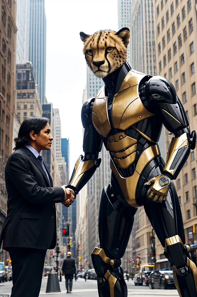 A transformer in humanoid robot mode with Cheetah motif (its beast mode is a Cheetah) is talking to a startled woman, downtown new York
