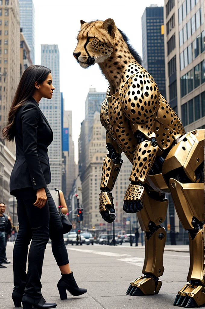 A transformer in humanoid robot mode with Cheetah motif (its beast mode is a Cheetah) is talking to a startled woman, downtown new York