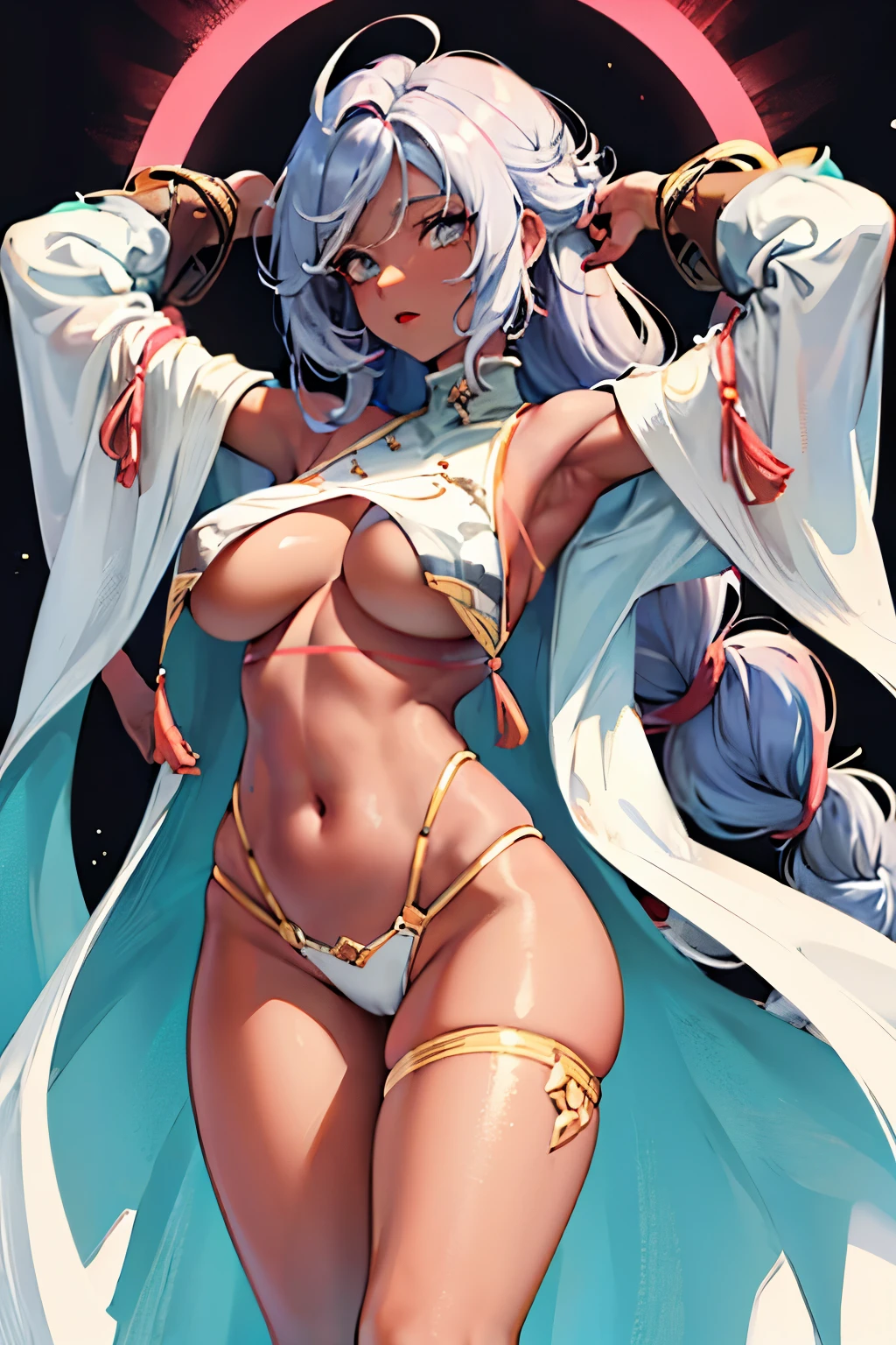 ( 1curvy lady, long hair, braid: 1.3, inner color hair, simple color hair band, blue eyes, green eyes), beautiful breasts:1.1, sagging breasts:1.3, spread breasts:1.2, pretty breasts:1.1, short in height1.1, thick thigh, breasts focus, papilla of breast,((tanline,Dark skin,Brown skin))Dynamic Angle,Glamorous body,Narrow waist,Abdominal muscles,Clear sunburn marks,Curly hair,Large areola,((Backlight,Shiny Skin,Shiny Hair))Thick lips,Lipstick pink color,Glowing Lips,Before dawn,god々Shii,Fine details,,Bitch,tanline.,Silver Hair,Raise both arms,Show your side,