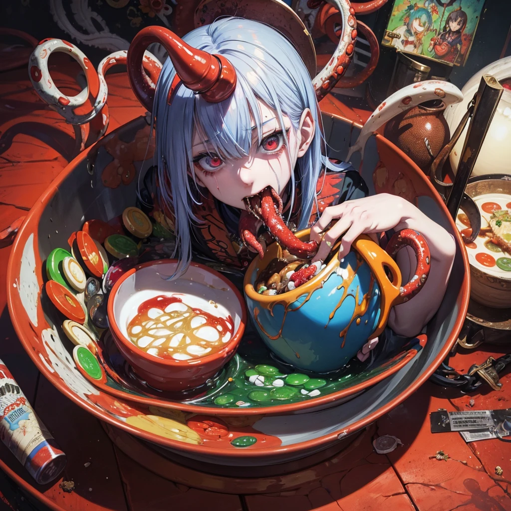 anime model , a painting of a zombie eating a bowl filled with various pharmaceutical PILLS, a hyperrealistic painting, by Jason Edmiston, cutecore clowncore, mixture of creatures with tentacles, horror wallpaper aesthetic, greg beeple, clown, art representing control freak , cutout, art blotter, rendering, horrifying
