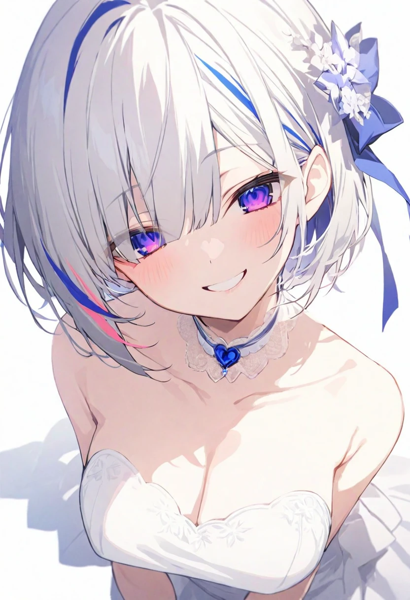 (masterpiece), (best quality), perfect face, beautiful girl, white background background, delicate and beautiful face and eyes, dark intense shadow, 
1 girl, vtuber style, cool girl, hololive,amane kanata, streaked hair, short hair, Wedding dress, big chest, cropped shoulders, clavicle, winking, smile, body visible through clothes, chest visible through clothes, (full body), looking at viewer, standing,