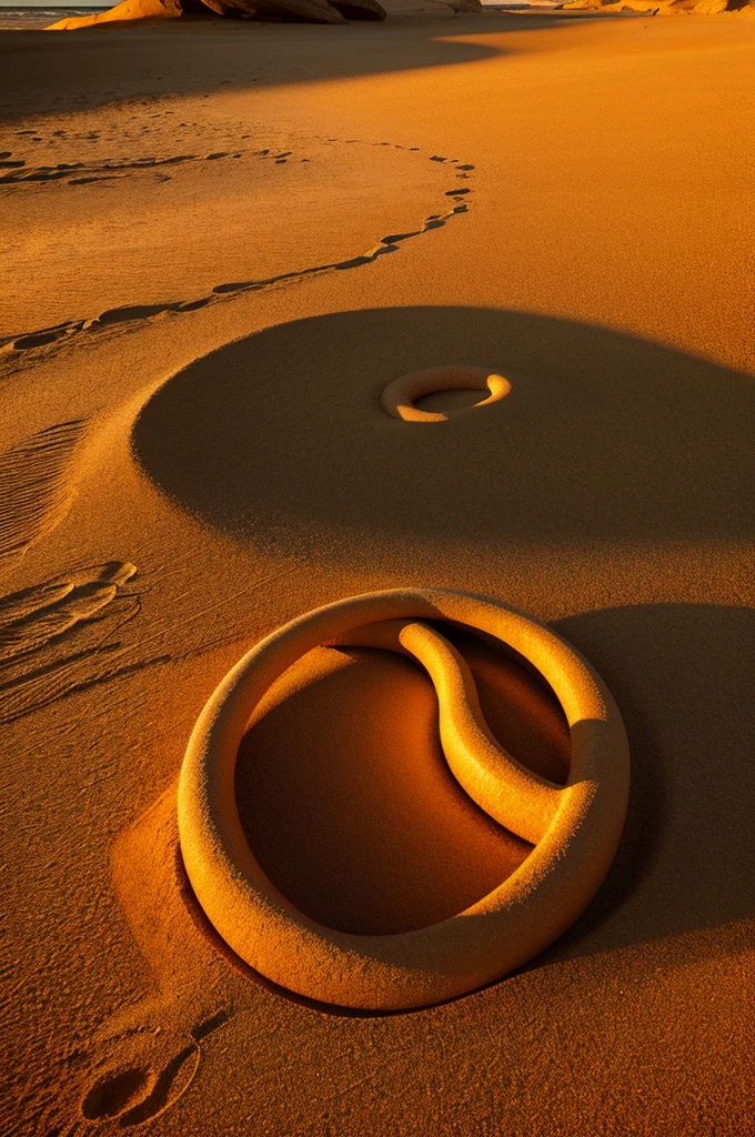 Three intertwined circles on sand, glowing with shadows around, beach at twilight, soft ambient glow, inspired by Salvador Dalí, surrealism, digital art, conceptual, warm hues of golden and orange, high-resolution photorealistic render, ultra-detailed, 8k, cinematic