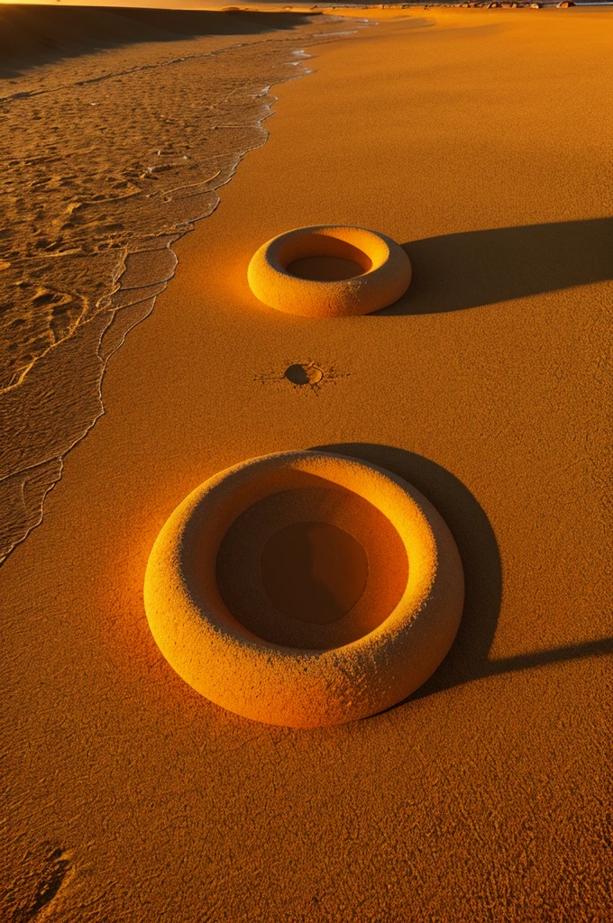 Three intertwined circles on sand, glowing with shadows around, beach at twilight, soft ambient glow, inspired by Salvador Dalí, surrealism, digital art, conceptual, warm hues of golden and orange, high-resolution photorealistic render, ultra-detailed, 8k, cinematic