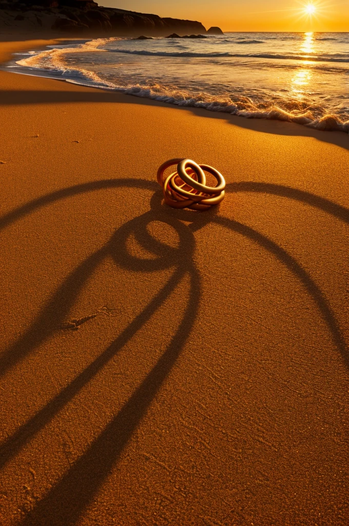 Three intertwined circles on sand, glowing with shadows around, beach at twilight, soft ambient glow, inspired by Salvador Dalí, surrealism, digital art, conceptual, warm hues of golden and orange, high-resolution photorealistic render, ultra-detailed, 8k, cinematic