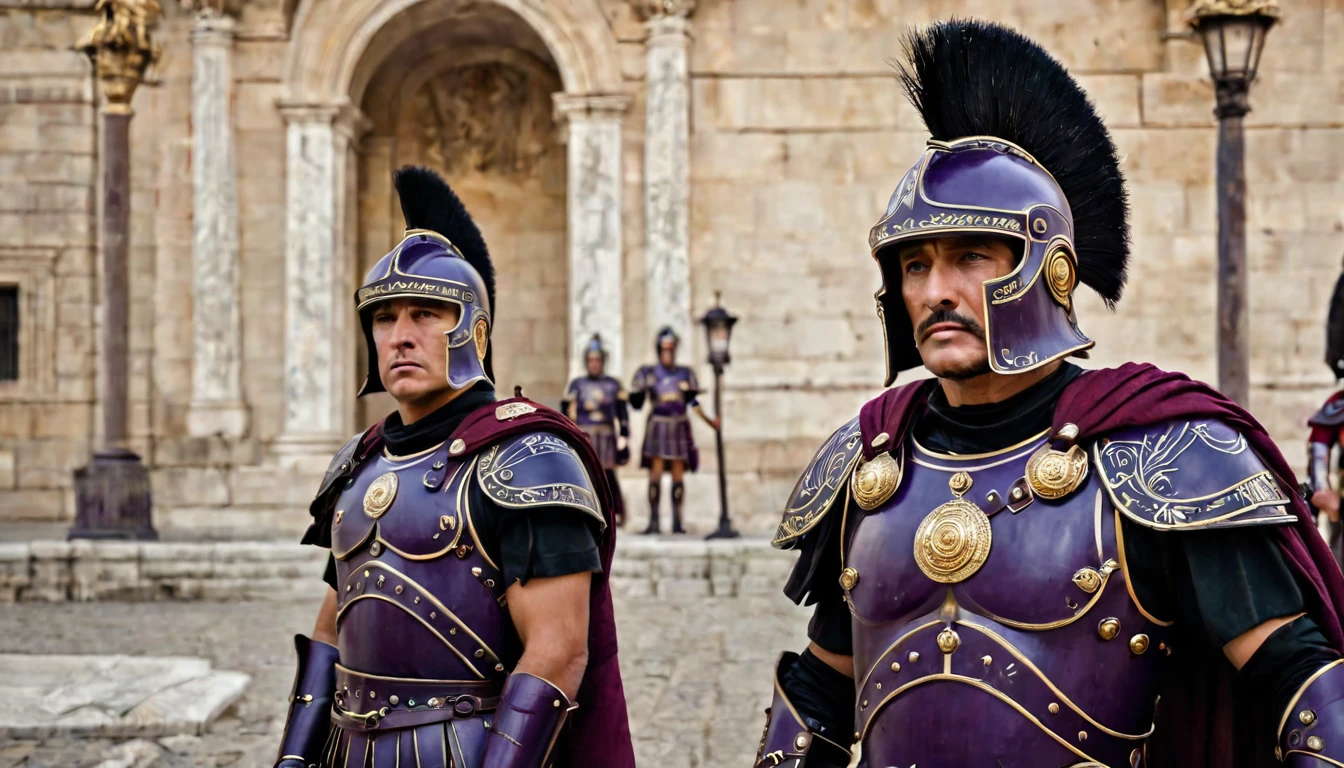 A cinematic photo of two ancient Roman praetorian guards, aged 40, with handsome features and strong arms. They are dressed in black armor and carry long rectangular shields adorned with Roman symbols. Their purple togas hang over their shoulders and their helmets rest on their heads. They stand guard next to the Roman emperor inside the luxurious imperial palace, where a throne sits. The atmosphere is intense and dramatic, focusing on the guards' unwavering loyalty and strength., cinematic, photo