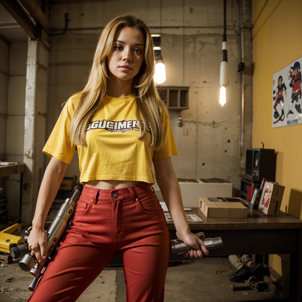 Wearing red pants and a yellow t-shirt is holding a rocket launcher gun. her hair is blonde.