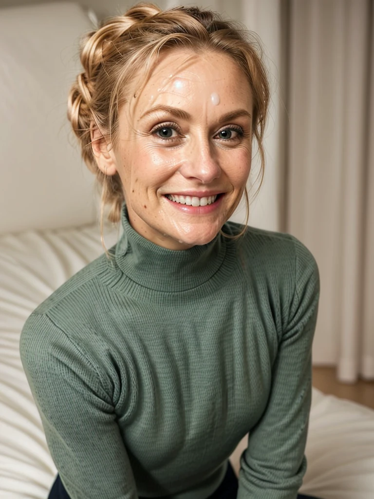 photo of a skinny very old wrinkly-faced faced mature blonde messy long hair thrown into a messy bun ponytail. She wears: (turtleneck soft high ribbed dark green super tight sweater:1.1), submissive seductive pose, high tight ribbed neck, seductive smile, perfect fake tits, horny eager granny, teasing sexy old lady, cum on her face, drenched in cum facial