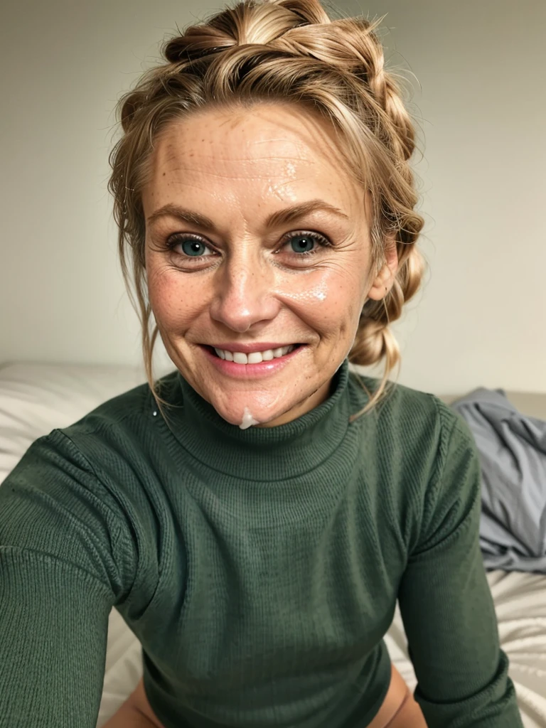 photo of a skinny very old wrinkly-faced faced mature blonde messy long hair thrown into a messy bun ponytail. She wears: (turtleneck soft high ribbed dark green super tight sweater:1.1), submissive seductive pose, high tight ribbed neck, seductive smile, perfect fake tits, horny eager granny, teasing sexy old lady, cum on her face, drenched in cum facial