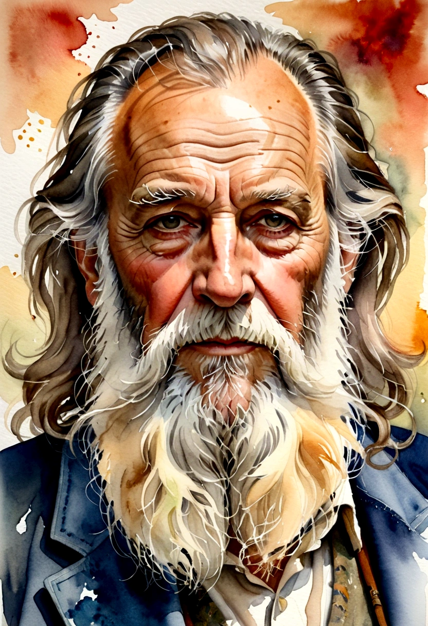 Portrait of an old man&#39;s face with a long, messy beard. Watercolor