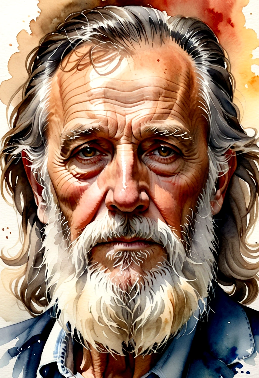 Portrait of an old man's face with a long, messy beard. Watercolor