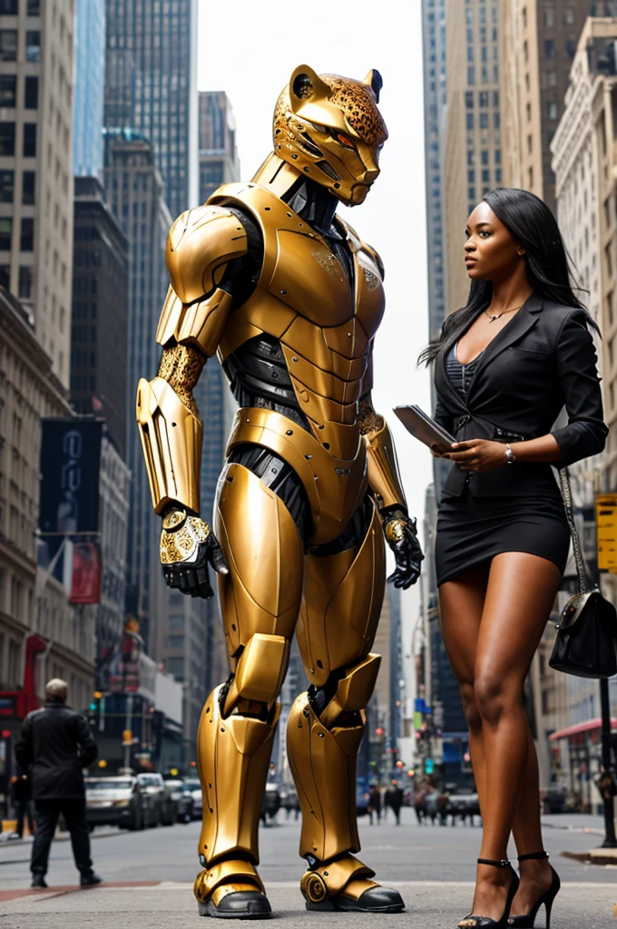 A transformer in humanoid robot mode with Cheetah motif (its beast mode is a Cheetah) is talking to a startled woman, downtown new York