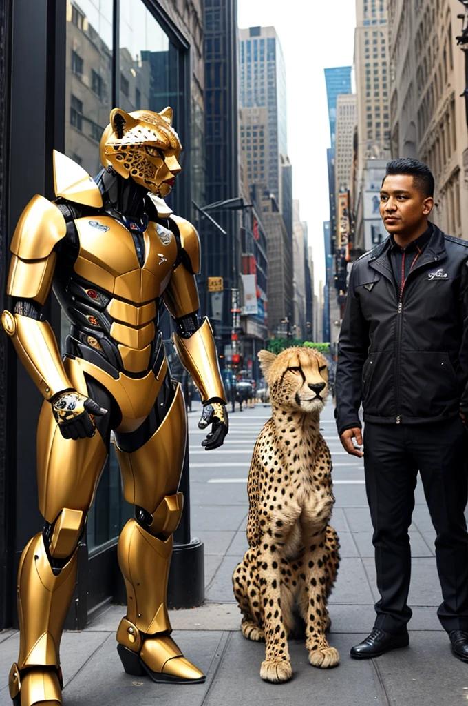 A transformer in humanoid robot mode with Cheetah motif (its beast mode is a Cheetah) is talking to a startled woman, downtown new York