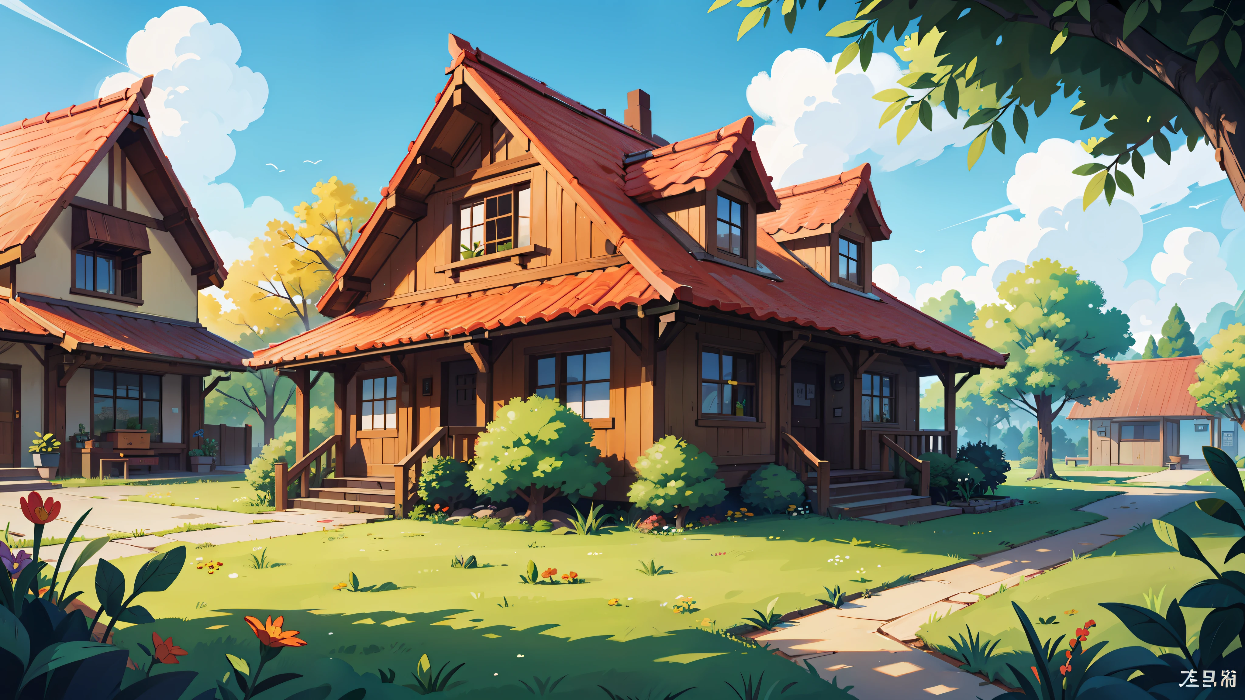 there is a building, bright sunny, some plants, front