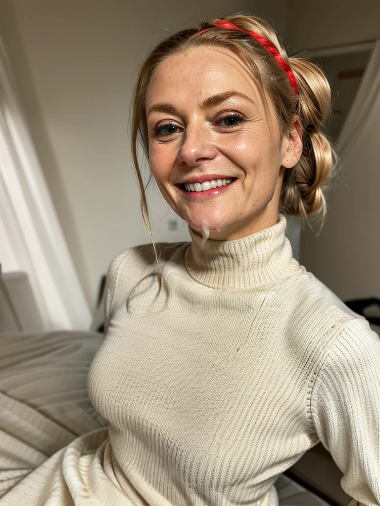 photo of a skinny very old wrinkly-faced faced mature blonde messy long hair thrown into a messy bun ponytail. She wears: (turtleneck soft high ribbed bright red super tight sweater:1.1), submissive seductive pose, high tight ribbed neck, seductive smile, perfect fake tits, horny eager granny, teasing sexy old lady, cum on her face, drenched in cum facial