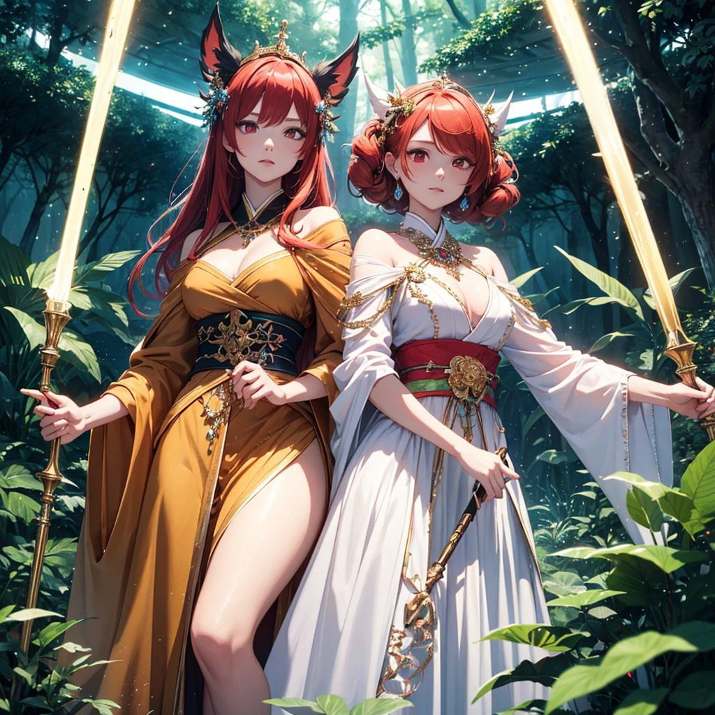 Two beautiful young women, Anime Style, Detailed face, Redhead, Red eyes, Delicate features, Soft lighting, Dressed in elaborate fantasy costumes, Stand Together, Fantastic and fascinating expression, Mystical forest background with glowing plants and magical creatures, A person holding a staff with a glowing crystal, The other is wearing a flowing jeweled gown, Vivid and fascinating fantasy lighting, Dynamic pose, Japanese Anime Style, high quality, Very detailed, 8K resolution, Cinema Lighting, 最high quality, Vibrant colors, Instagrammable, beautiful, trend