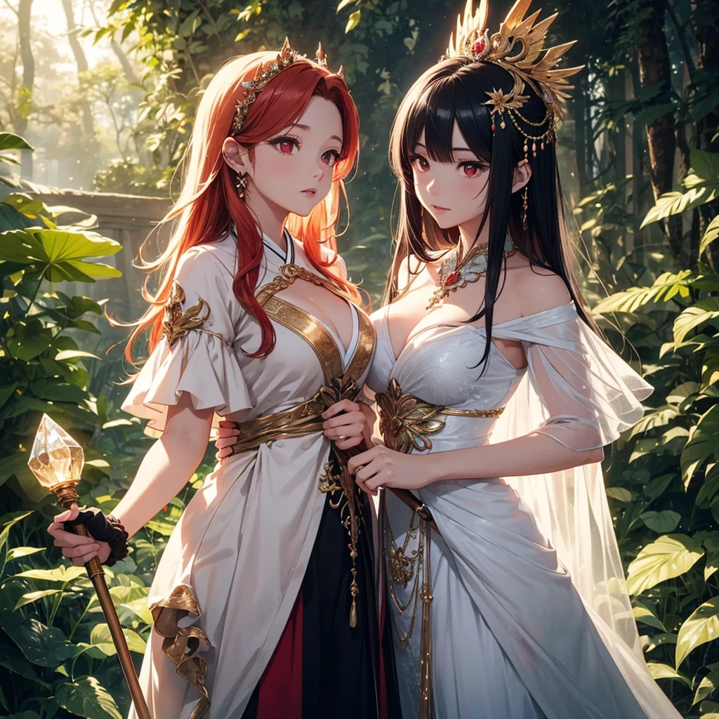 Two beautiful young women, Anime Style, Detailed face, Redhead, Red eyes, Delicate features, Soft lighting, Dressed in elaborate fantasy costumes, Stand Together, Fantastic and fascinating expression, Mystical forest background with glowing plants and magical creatures, A person holding a staff with a glowing crystal, The other is wearing a flowing jeweled gown, Vivid and fascinating fantasy lighting, Dynamic pose, Japanese Anime Style, high quality, Very detailed, 8K resolution, Cinema Lighting, 最high quality, Vibrant colors, Instagrammable, beautiful, trend