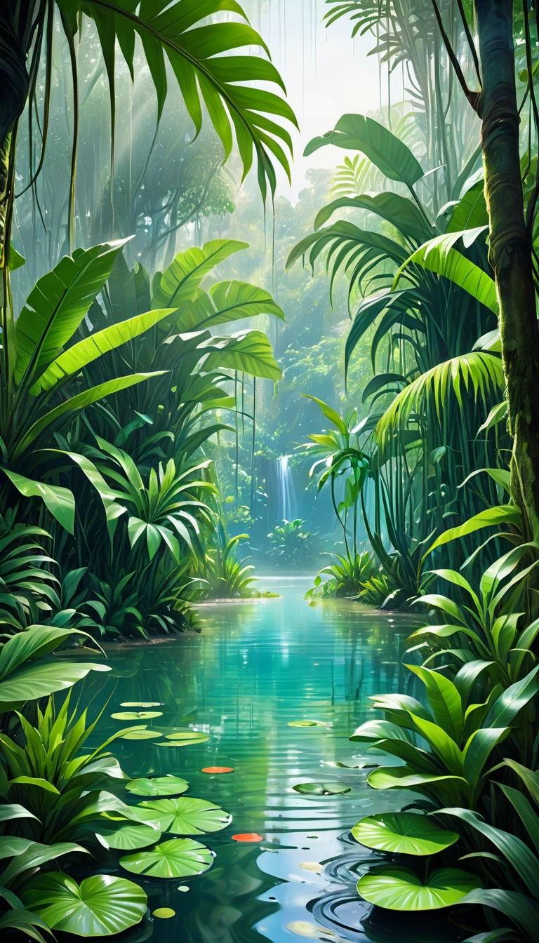 Unseen natural scenery, Hidden from the eyes of human hands, Deep in the jungle, Big green plant, bright and cheerful colors, wetlands , Free-flowing, crystal clear water, Surreal, detailed, Panorama, 8K, Life flows in peace and harmony. Tranquility, Silence on standby