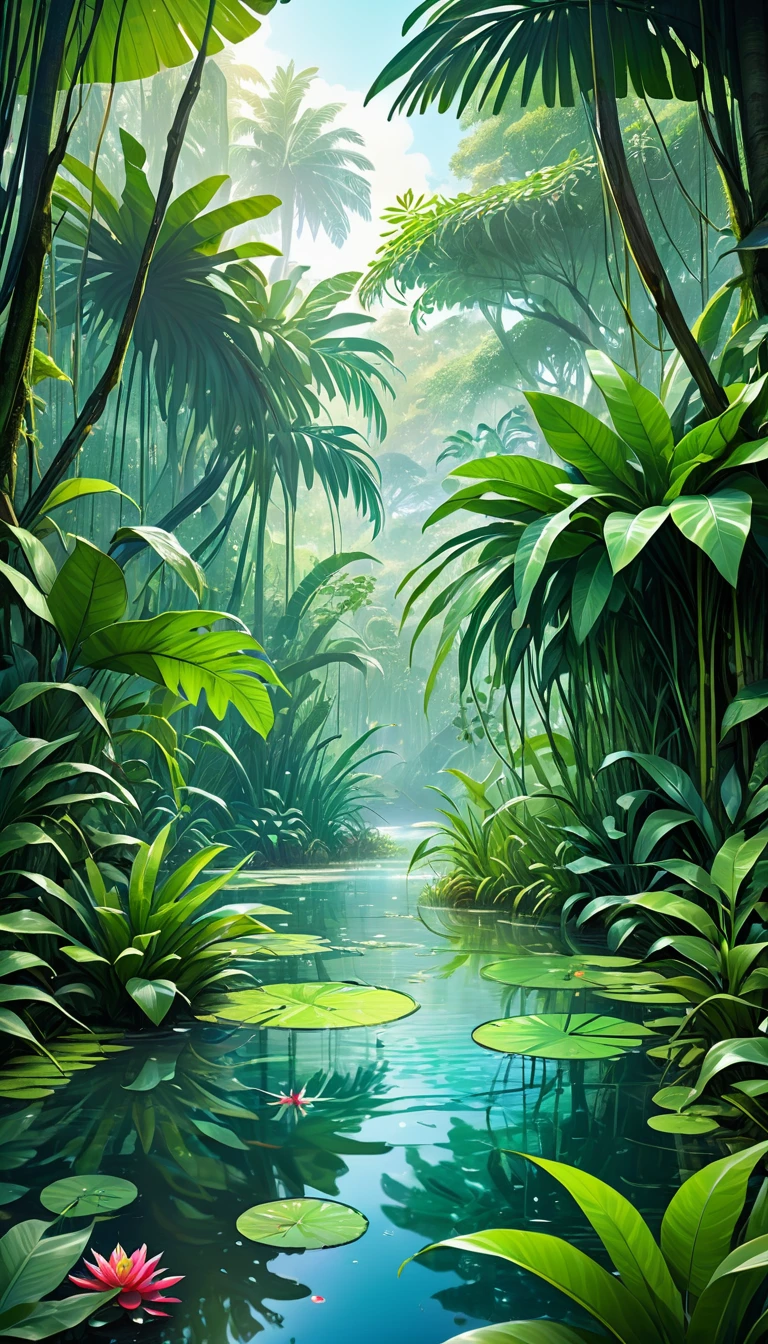 Unseen natural scenery, Hidden from the eyes of human hands, Deep in the jungle, Big green plant, bright and cheerful colors, wetlands , Free-flowing, crystal clear water, Surreal, detailed, Panorama, 8K, Life flows in peace and harmony. Tranquility, Silence on standby
