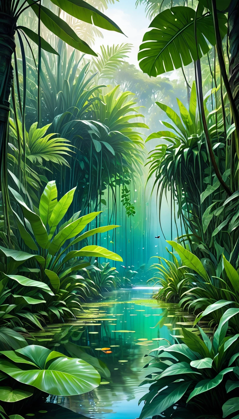 Unseen natural scenery, Hidden from the eyes of human hands, Deep in the jungle, Big green plant, bright and cheerful colors, wetlands , Free-flowing, crystal clear water, Surreal, detailed, Panorama, 8K, Life flows in peace and harmony. Tranquility, Silence on standby